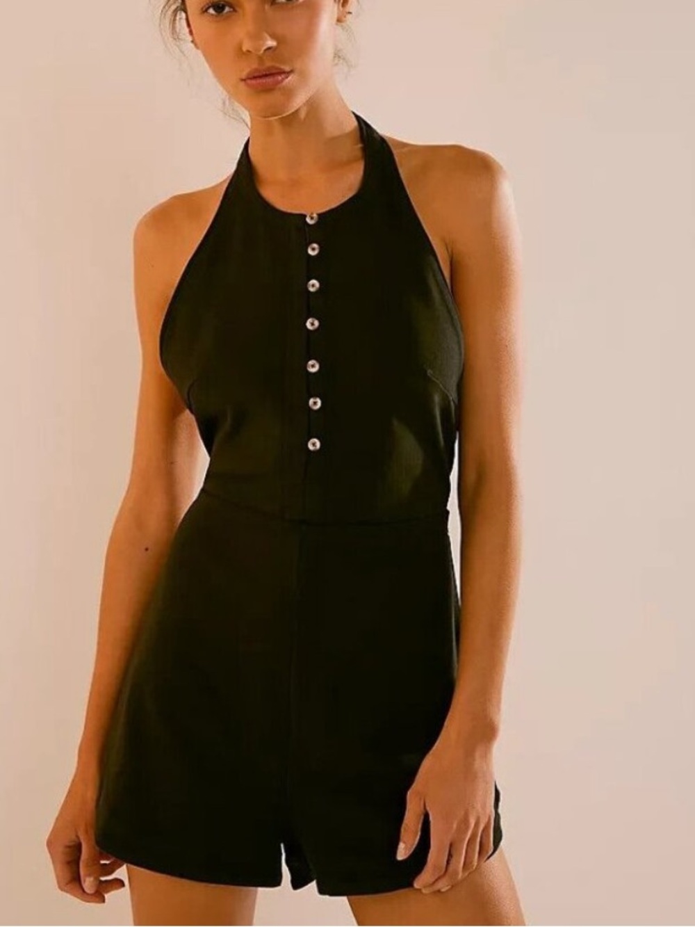 Free People Beach Backless Black Halter Romper with Front Buttons